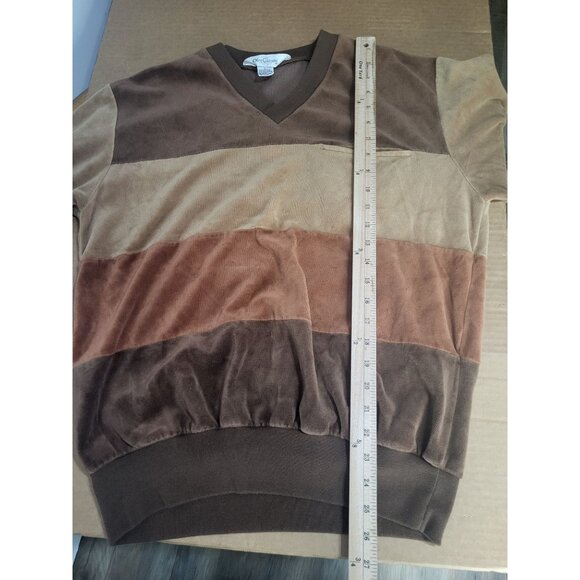 VTG OLEG CASSINI SZ LG Colorblock Brown Velour Pullover Top V Neck y2k 90s - Picture 5 of 7